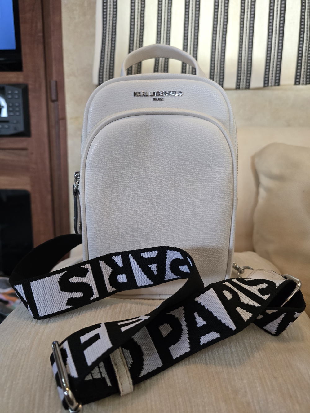 Karl Lagerfeld White Crossbody Mini Backpack with Logo Strap